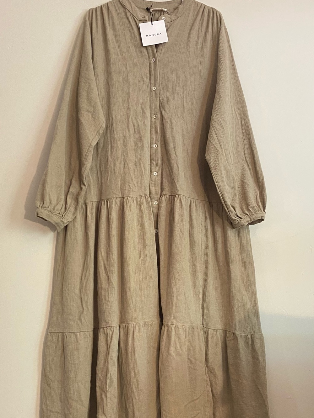 Manuka Sandstone Tiered Crepe Button-Front Maxi Dress